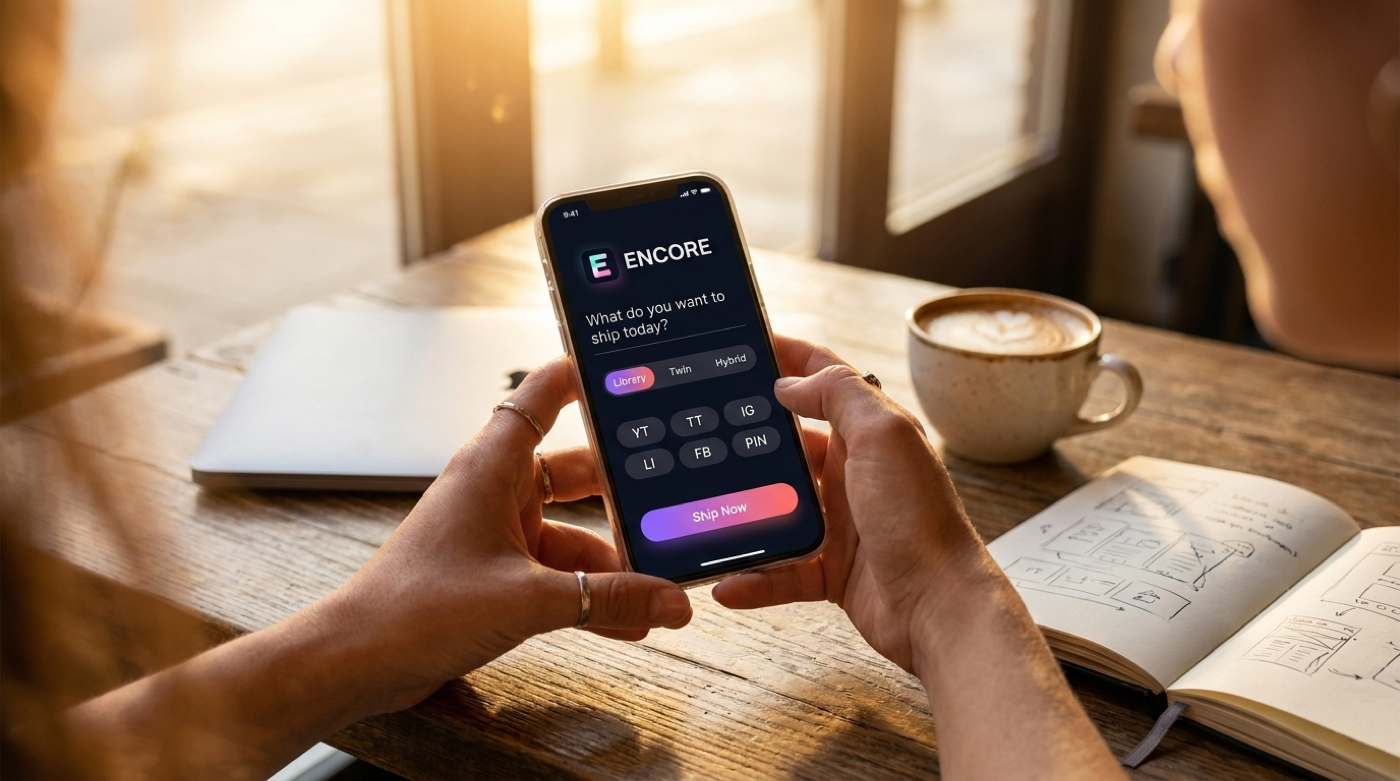 Creator using ENCORE on a phone from a coffee shop