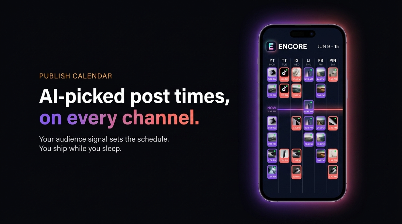 ENCORE publishing calendar with AI-picked post times across channels