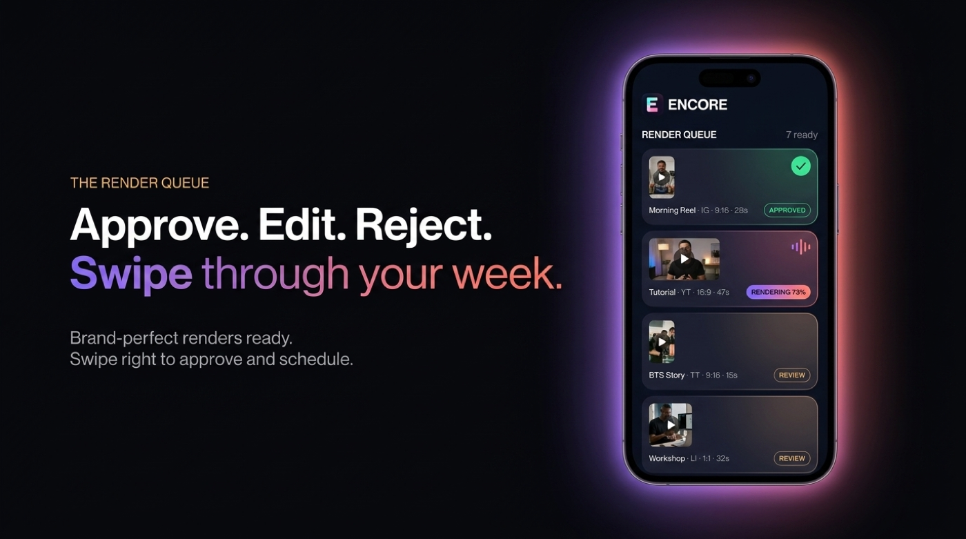 ENCORE render queue with approve, edit, and reject controls